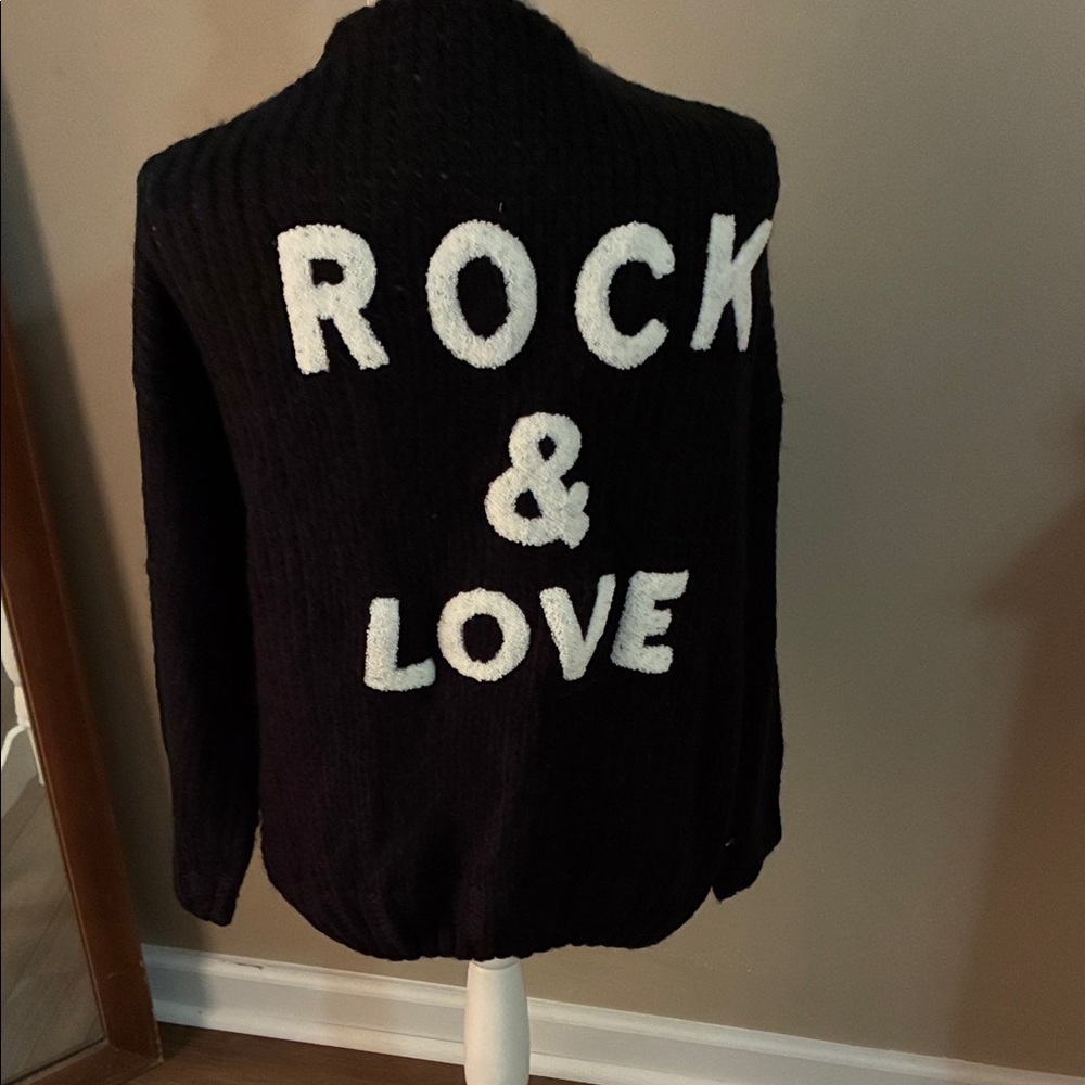Elan Black Cardigan with White Lettering NWT